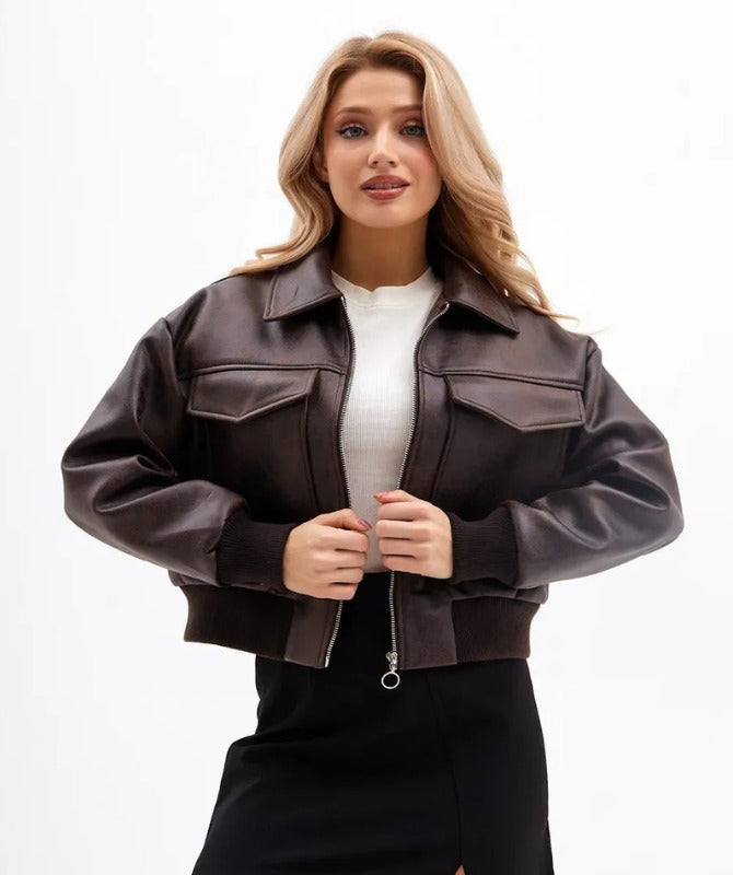 Women’s Brown Cropped Leather Jacket – 100% Genuine Sheep Leather | Trendy Streetwear Style