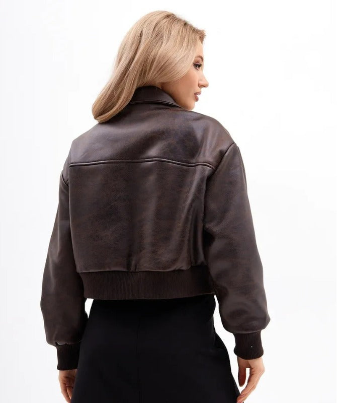 Women’s Brown Cropped Leather Jacket – 100% Genuine Sheep Leather | Trendy Streetwear Style