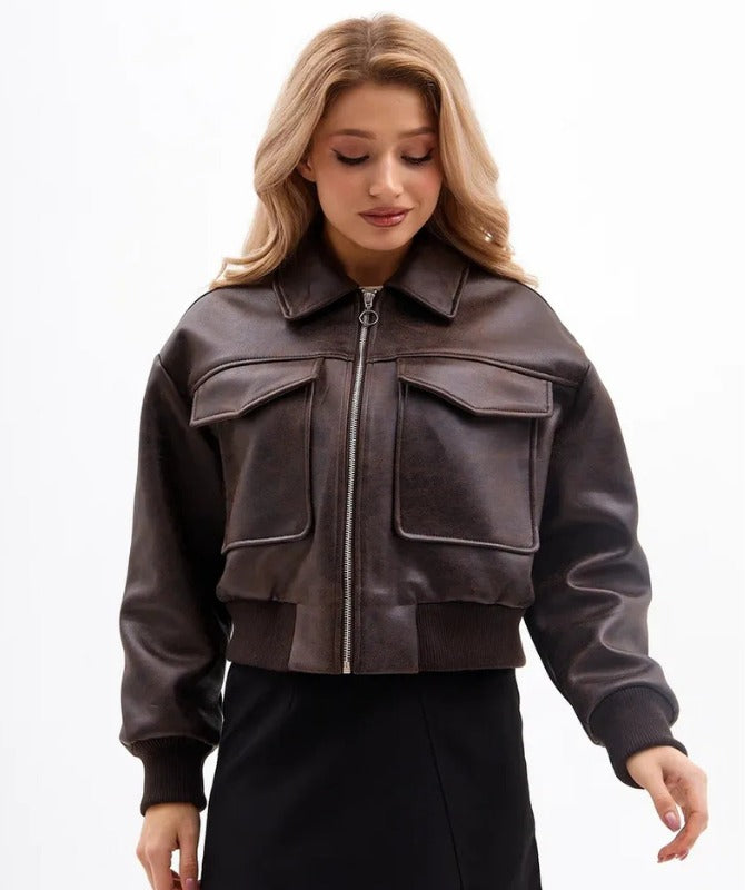 Women’s Brown Cropped Leather Jacket – 100% Genuine Sheep Leather | Trendy Streetwear Style