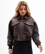 Women’s Brown Cropped Leather Jacket – 100% Genuine Sheep Leather | Trendy Streetwear Style