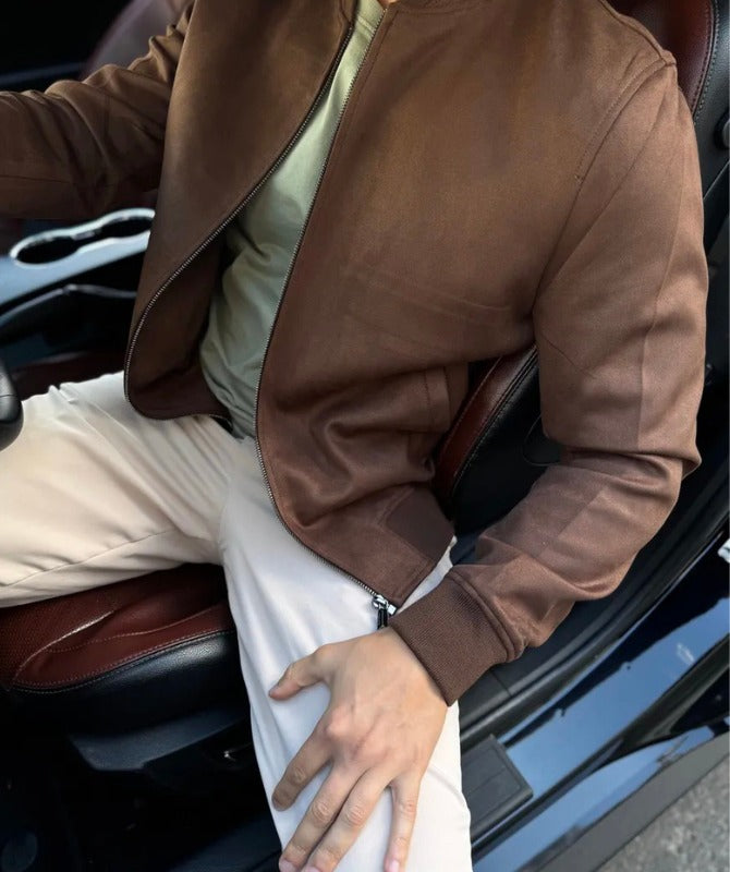 Men’s Brown Suede Leather Jacket – Genuine Leather | Classic Minimal Style