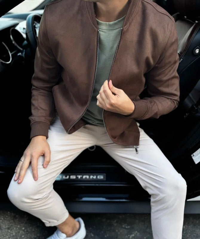 Men’s Brown Suede Leather Jacket – Genuine Leather | Classic Minimal Style