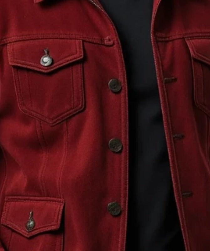 Men’s Burgundy Suede Leather Jacket – Classic Button-Up Style | Soft Genuine Suede Coat for Casual & Smart Look