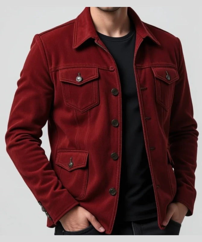 Men’s Burgundy Suede Leather Jacket – Classic Button-Up Style | Soft Genuine Suede Coat for Casual & Smart Look