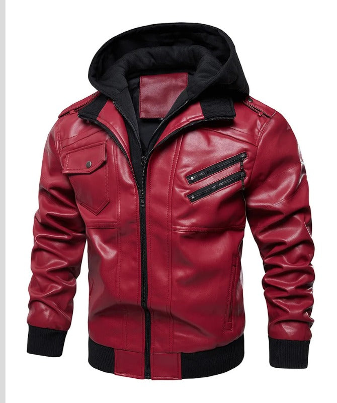 Men’s Red Sheep Leather Jacket with Hoodie – Premium Soft Genuine Leather Bomber Style