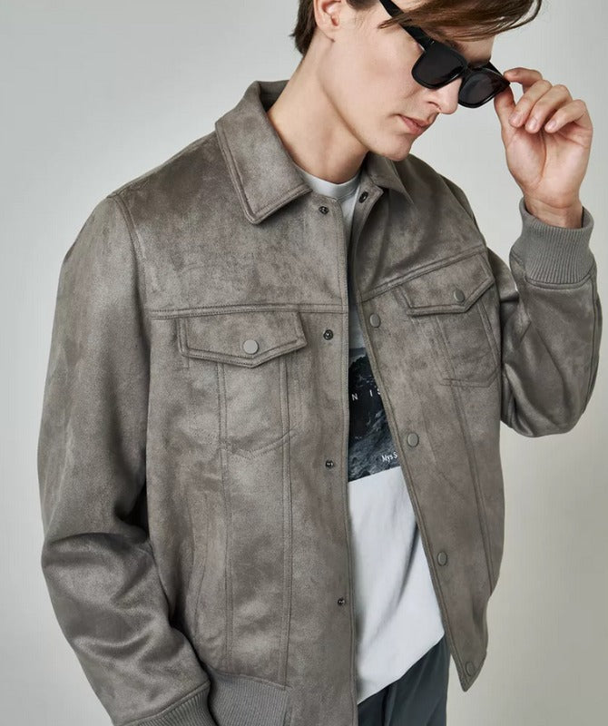 Men’s Grey Suede Leather Jacket – 100% Genuine Sheep Leather | Classic Streetwear Style