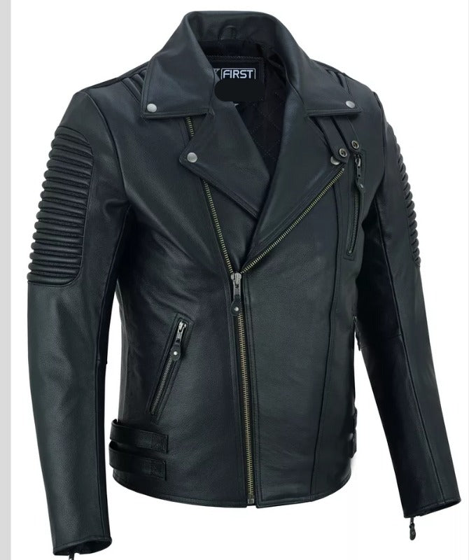 Men’s Black Sheep Leather Biker Jacket – Classic Moto Style with Quilted Shoulders