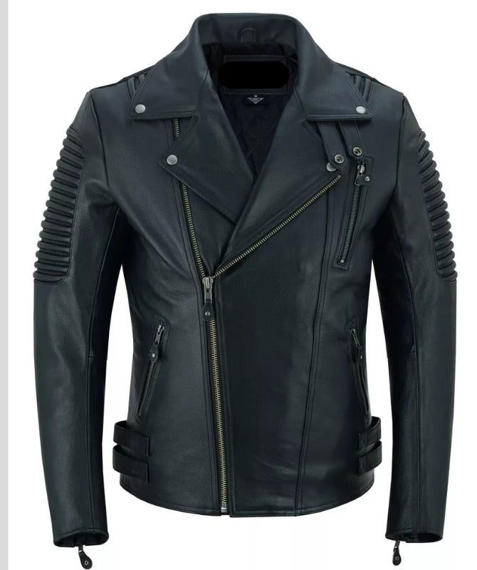 Men’s Black Sheep Leather Biker Jacket – Classic Moto Style with Quilted Shoulders