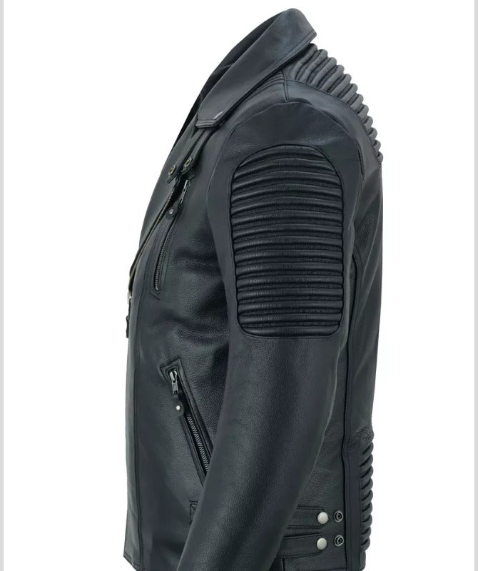 Men’s Black Sheep Leather Biker Jacket – Classic Moto Style with Quilted Shoulders