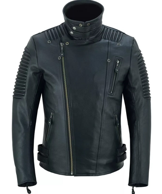 Men’s Black Sheep Leather Biker Jacket – Classic Moto Style with Quilted Shoulders