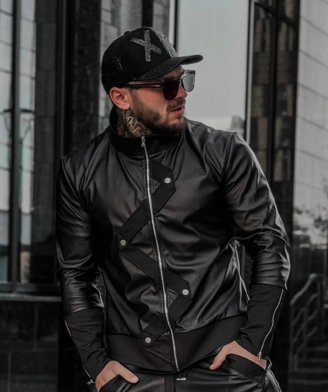 Men’s Black Faux Leather Streetwear Jacket – Asymmetrical Zip Design