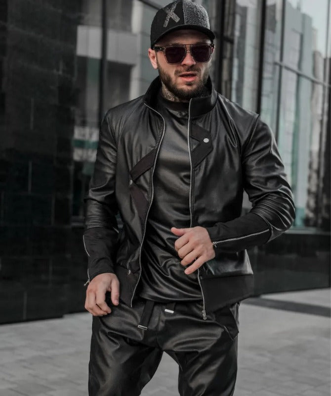 Men’s Black Faux Leather Streetwear Jacket – Asymmetrical Zip Design