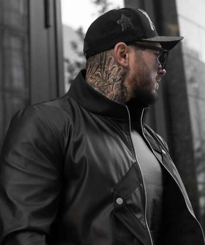 Men’s Black Faux Leather Streetwear Jacket – Asymmetrical Zip Design