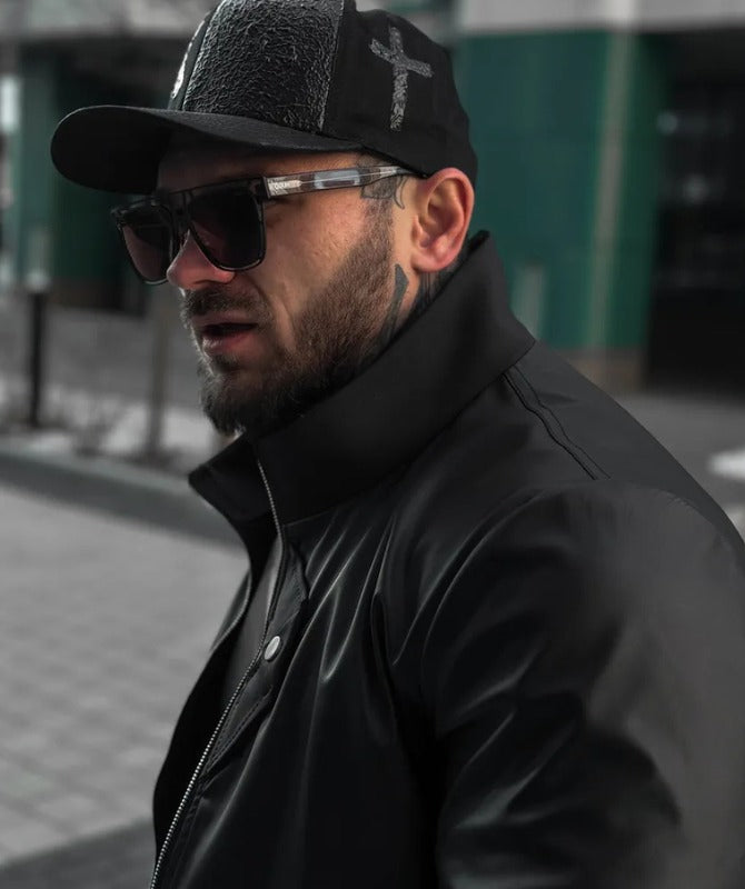 Men’s Black Faux Leather Streetwear Jacket – Asymmetrical Zip Design