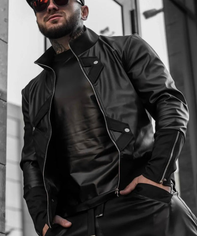 Men’s Black Faux Leather Streetwear Jacket – Asymmetrical Zip Design