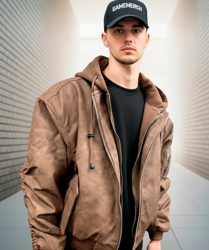 Men’s Brown Hooded Bomber Jacket – Streetwear Oversized PU Leather Style