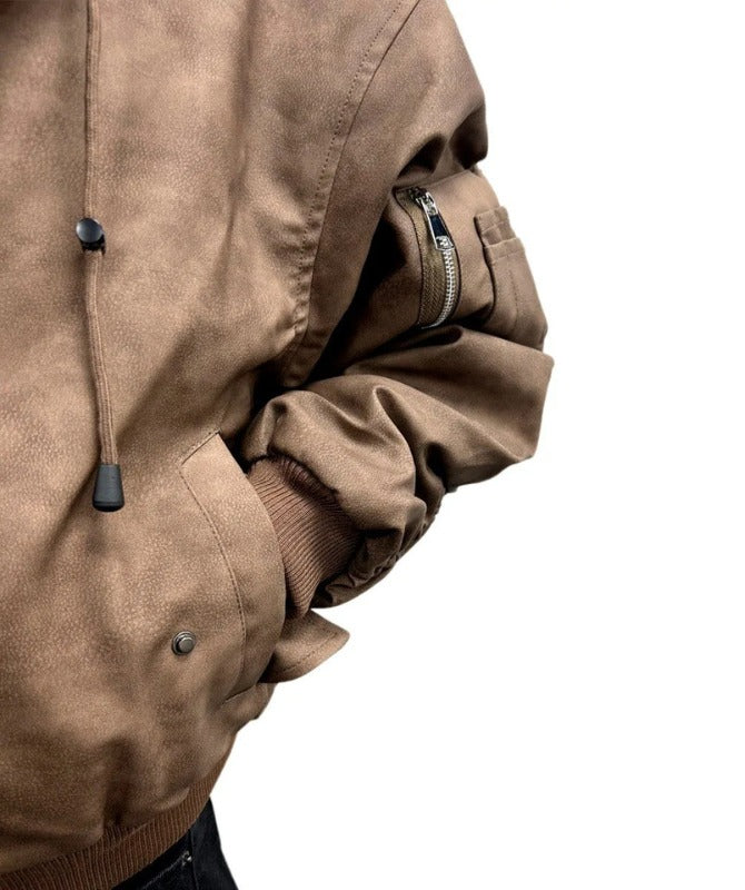 Men’s Brown Hooded Bomber Jacket – Streetwear Oversized PU Leather Style