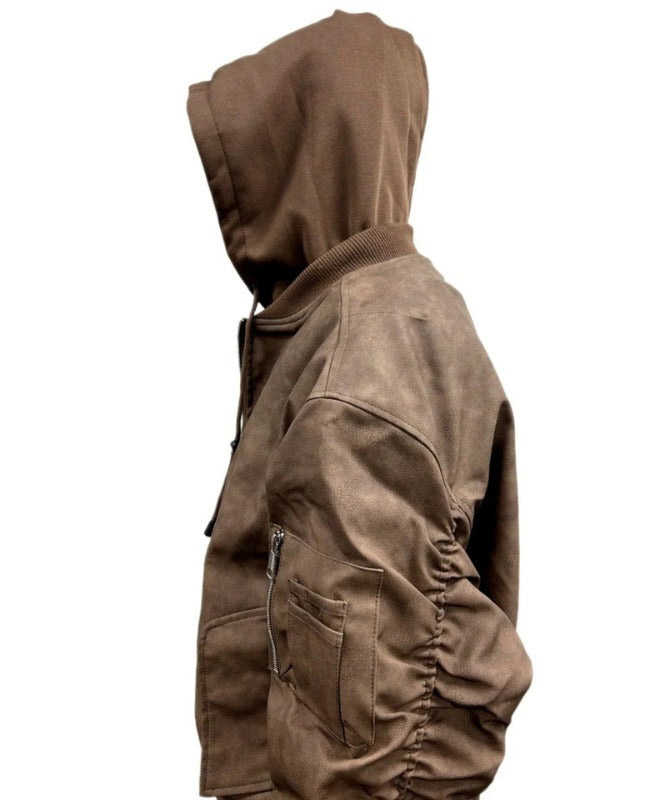 Men’s Brown Hooded Bomber Jacket – Streetwear Oversized PU Leather Style
