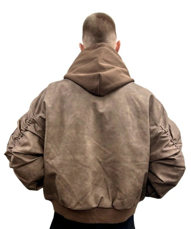 Men’s Brown Hooded Bomber Jacket – Streetwear Oversized PU Leather Style