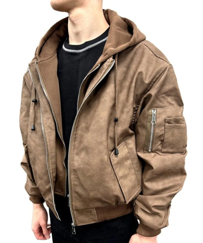 Men’s Brown Hooded Bomber Jacket – Streetwear Oversized PU Leather Style