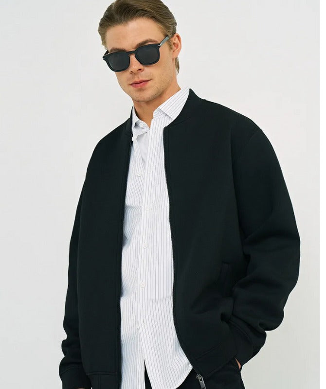 Men’s Classic Black Suede Bomber Jacket | Minimalist Zip-Up Casual Outerwear