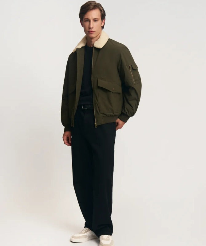 Men’s Olive Green Suede Bomber Jacket with Shearling Collar – Warm Winter Outerwear
