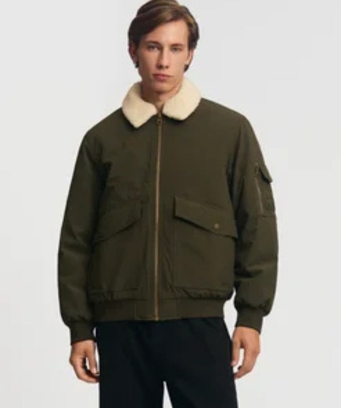 Men’s Olive Green Suede Bomber Jacket with Shearling Collar – Warm Winter Outerwear