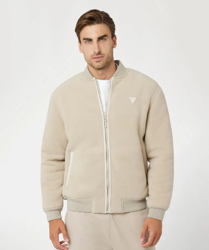 Men’s Beige Suede & Fleece Bomber Jacket – Casual Winter Zip-Up Jacket