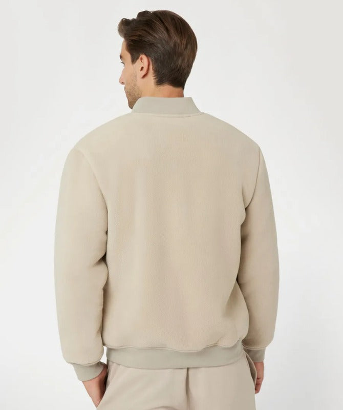 Men’s Beige Suede & Fleece Bomber Jacket – Casual Winter Zip-Up Jacket