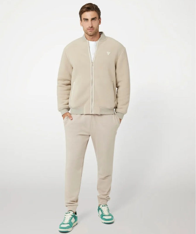 Men’s Beige Suede & Fleece Bomber Jacket – Casual Winter Zip-Up Jacket