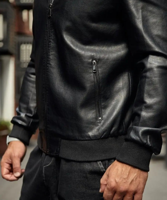 Men’s Classic Black Leather Bomber Jacket | Stylish Winter Outerwear for Modern Men