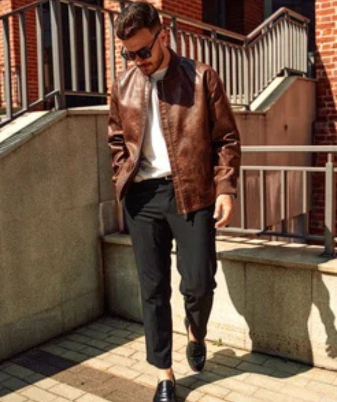 Men’s Brown Vintage Leather Bomber Jacket | Stylish Winter Outerwear for Men