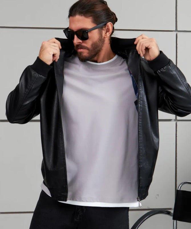 Men’s Classic Black Leather Bomber Jacket | Stylish Casual Outerwear