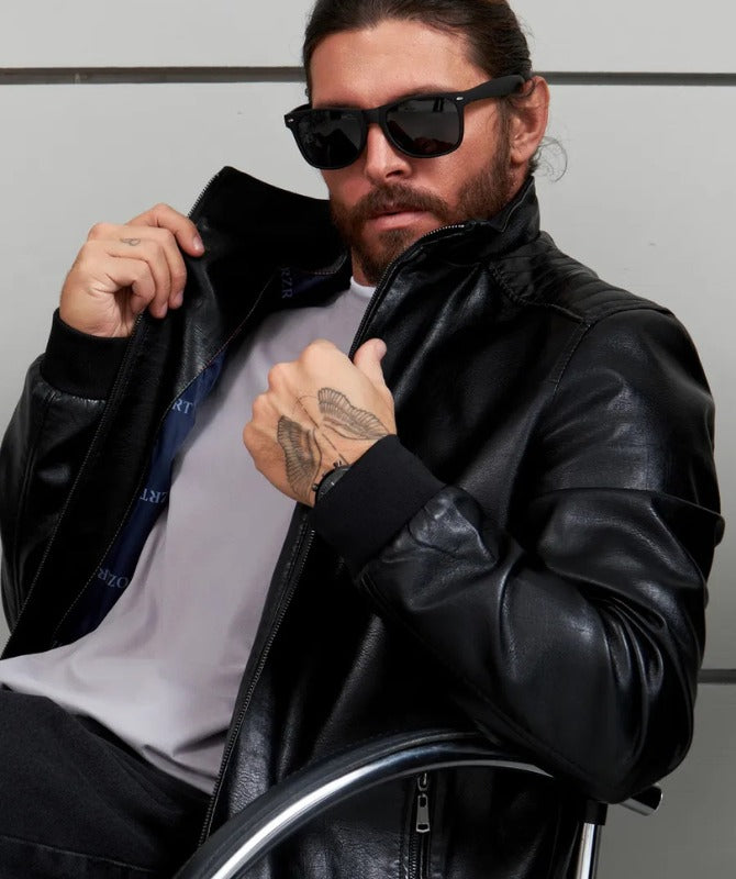 Men’s Classic Black Leather Bomber Jacket | Stylish Casual Outerwear
