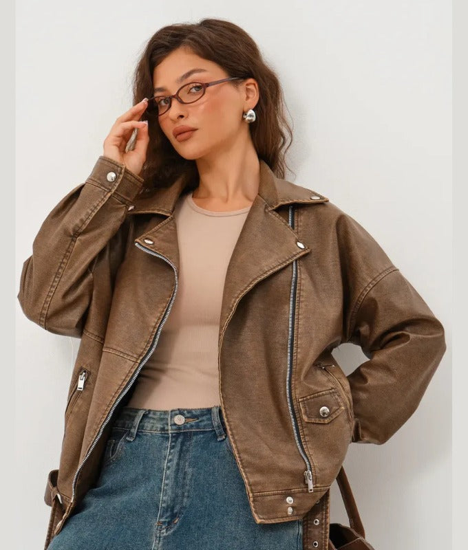 Women’s Distressed Brown Oversized Sheep Leather Biker Jacket – Premium Moto Style Outerwear