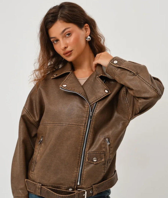 Women’s Distressed Brown Oversized Sheep Leather Biker Jacket – Premium Moto Style Outerwear