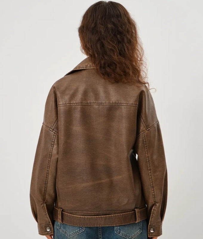 Women’s Distressed Brown Oversized Sheep Leather Biker Jacket – Premium Moto Style Outerwear