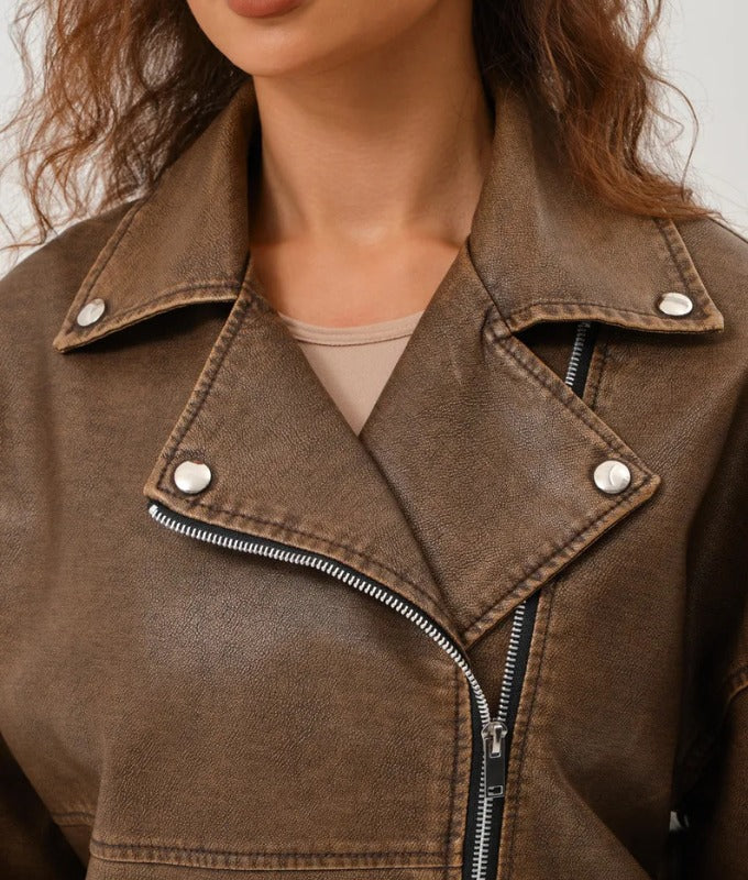 Women’s Distressed Brown Oversized Sheep Leather Biker Jacket – Premium Moto Style Outerwear