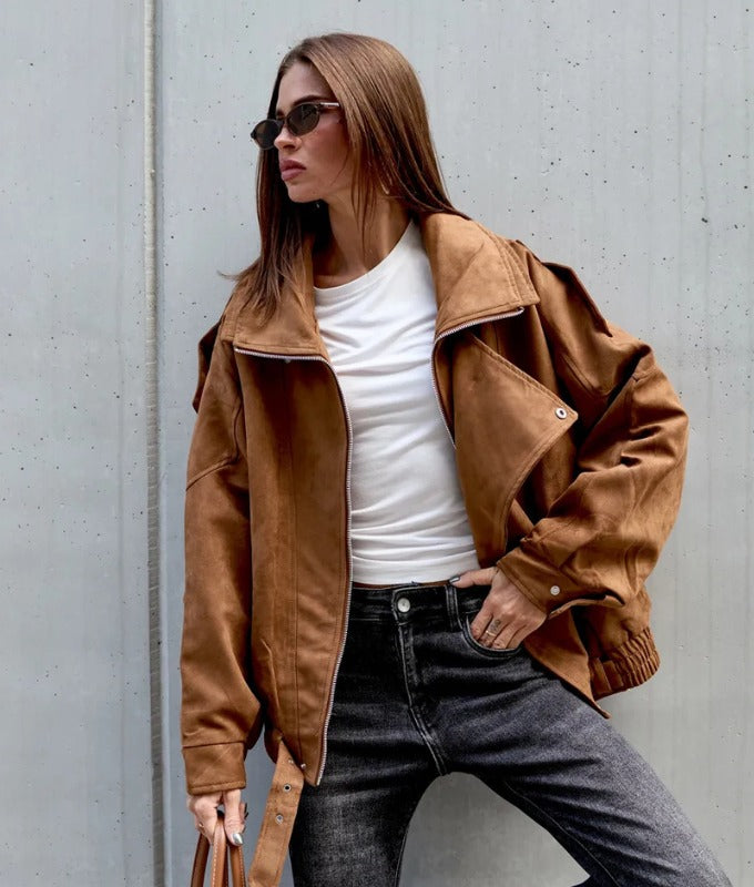 Women’s Oversized Camel Sheep Leather Biker Jacket – Premium Moto Style Streetwear