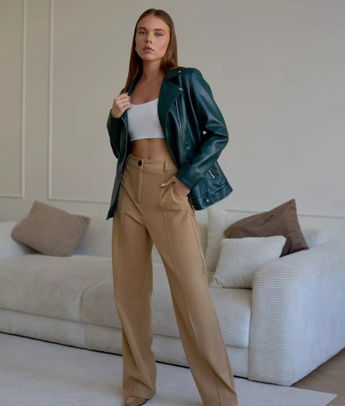 Women’s Emerald Green Sheep Leather Moto Jacket – Premium Slim Fit Biker Style