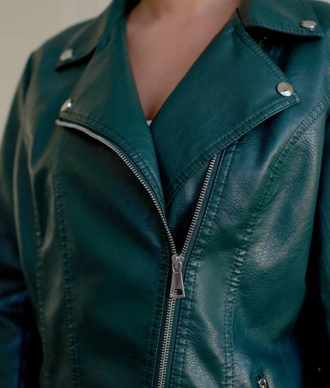 Women’s Emerald Green Sheep Leather Moto Jacket – Premium Slim Fit Biker Style