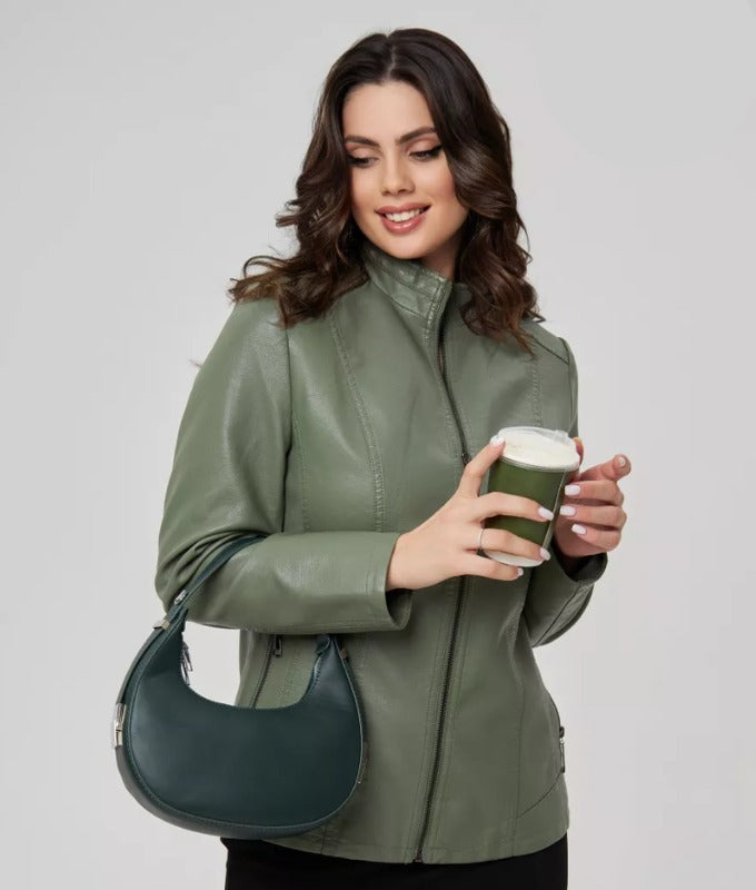 Women’s Olive Green Genuine Sheep Leather Jacket – Slim Fit Moto Style | Premium Real Leather Outerwear