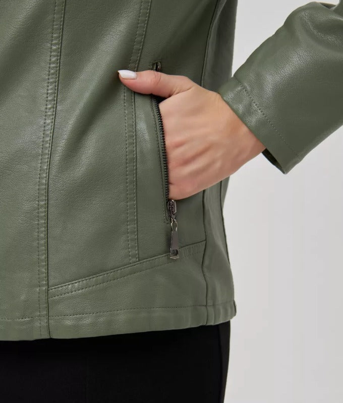 Women’s Olive Green Genuine Sheep Leather Jacket – Slim Fit Moto Style | Premium Real Leather Outerwear