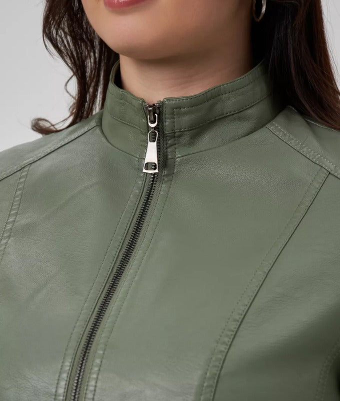 Women’s Olive Green Genuine Sheep Leather Jacket – Slim Fit Moto Style | Premium Real Leather Outerwear