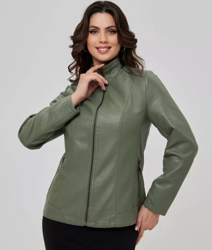 Women’s Olive Green Genuine Sheep Leather Jacket – Slim Fit Moto Style | Premium Real Leather Outerwear