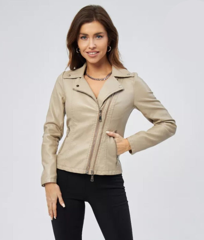 Women’s Beige Genuine Sheep Leather Jacket – Classic Moto Style with Asymmetric Zip | Premium Real Leather Outerwear