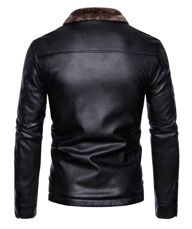 Men’s Black Sheepskin Leather Jacket with Fur Collar – Winter Warm Biker Style Coat