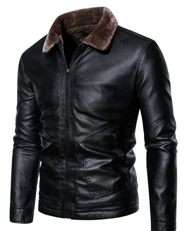 Men’s Black Sheepskin Leather Jacket with Fur Collar – Winter Warm Biker Style Coat