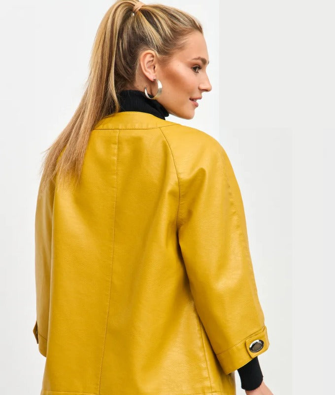 Women’s Mustard Yellow Genuine Sheep Leather Jacket – Elegant 3/4 Sleeve Designer Outerwear