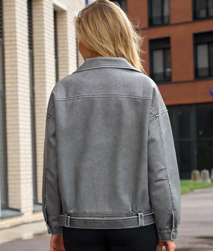 Women's Premium Grey Sheep Leather Biker Jacket – Vintage Moto Style, Soft & Durable Finish